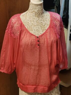 Nine West Coral Lace-Trim Sheer Blouse